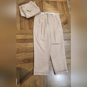 LL Bean Natural Fit Pleated Chino Tan Pants Sz 35x30 Set 2 Has Cuff Wear